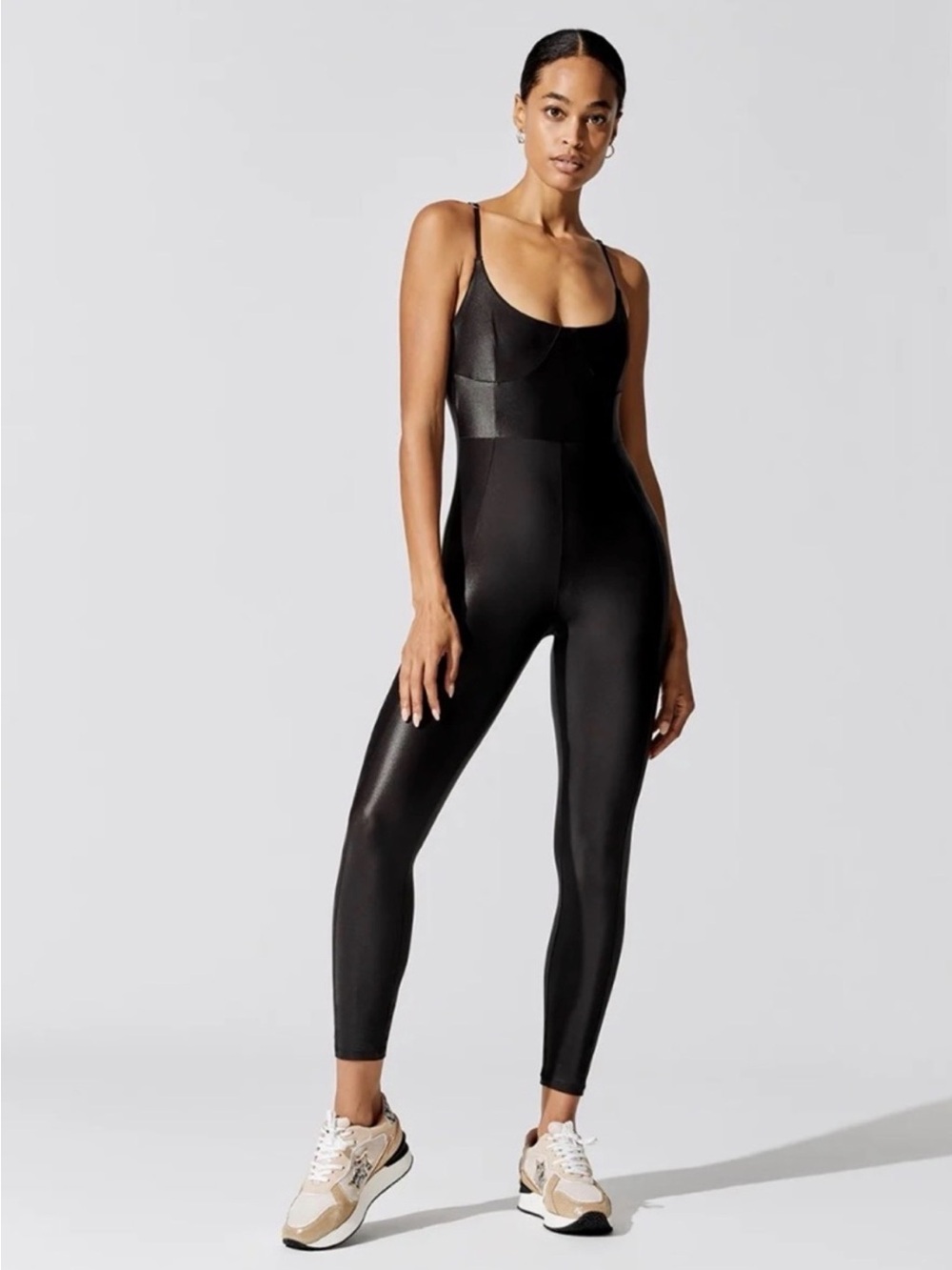 WeWoreWhat Catsuit Shiny Black Sculpting Scoop-Neck Jumpsuit